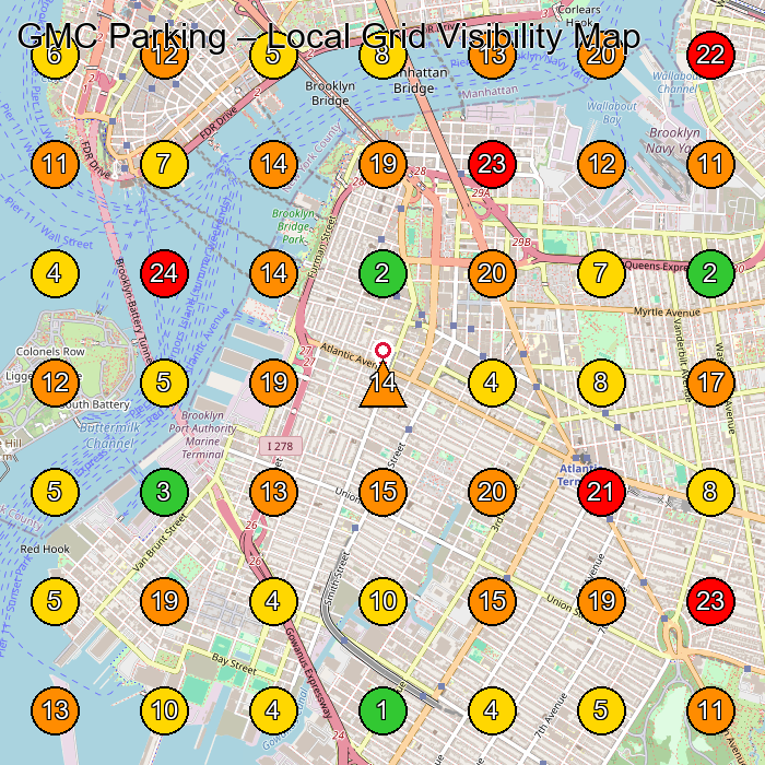 GMC Parking Parking Garage GeoGrid ranking map for Brooklyn NY